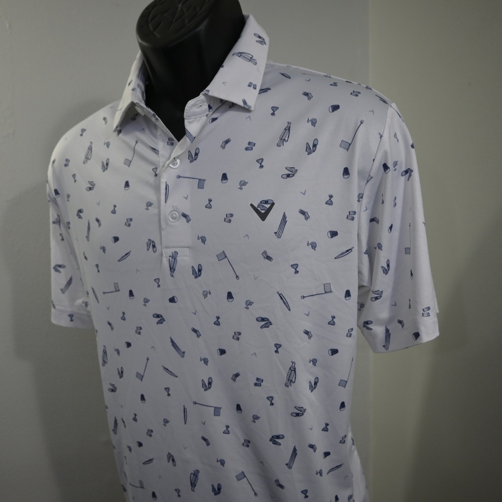 Callaway Golf Polo Mens Medium White Gray Golf Equipment Print Opti-Dri MA7034